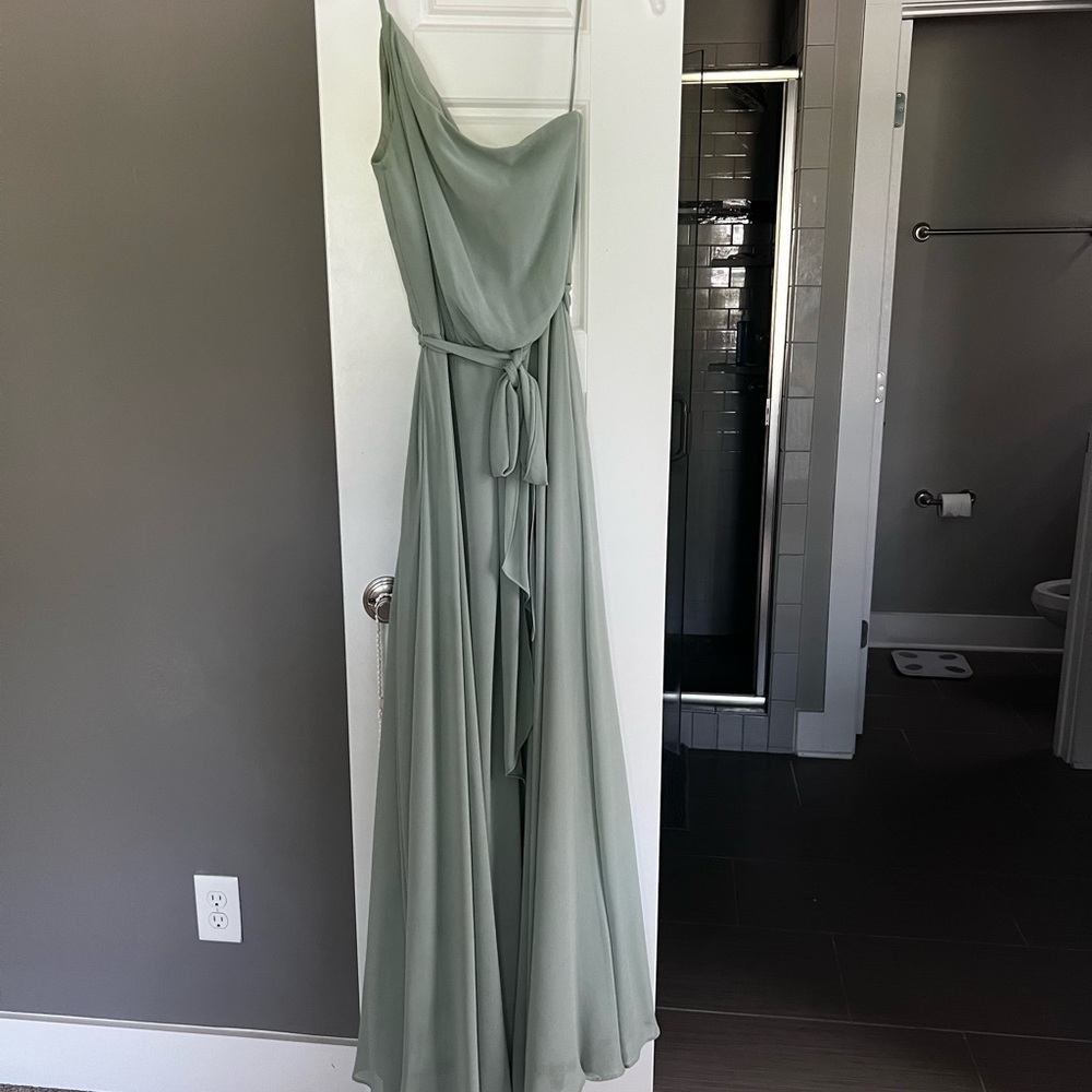 One shoulder floor length sage green dress